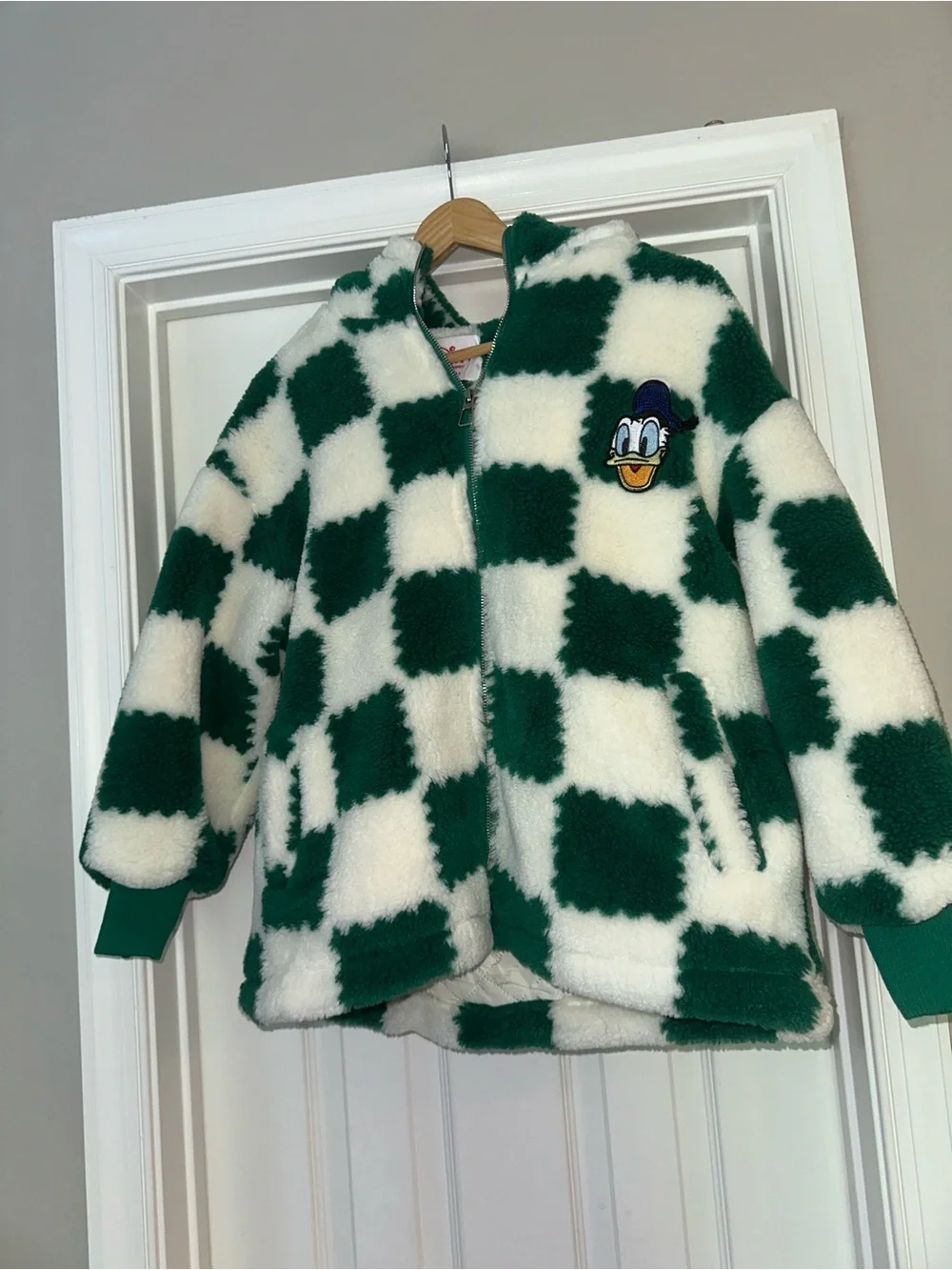 Disney green white checked fleece Donald Duck jacket